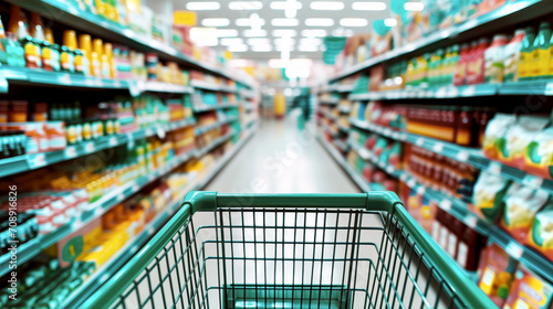 Doing grocery shopping conceptual image from first person view perspective. Supermarket shopping cart view with colorful grocery aisles in the background photo
