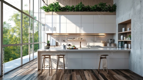  a kitchen with a lot of counter space and a lot of plants growing on the top of the cabinets and a lot of shelves on the side of the wall.