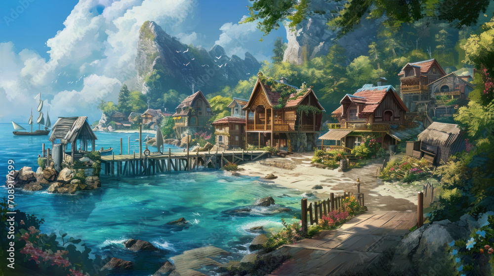  a painting of a village by the water with a dock in the foreground and a boat in the water at the far end of the picture, with a mountain range in the background.