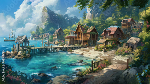  a painting of a village by the water with a dock in the foreground and a boat in the water at the far end of the picture, with a mountain range in the background.