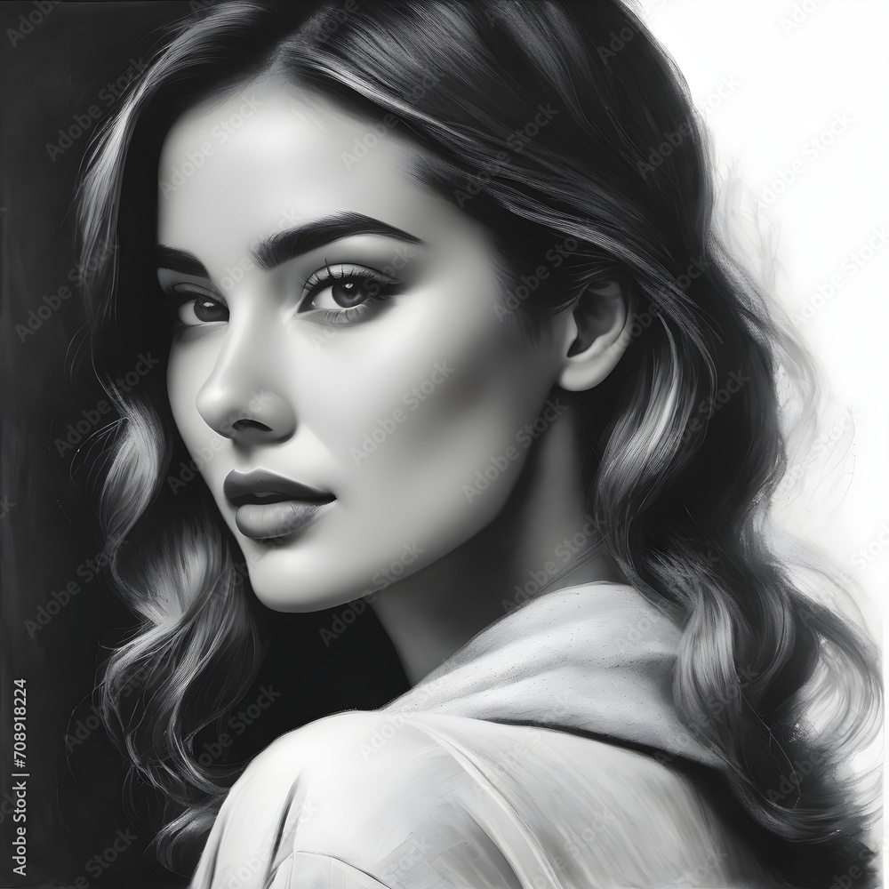 a woman painted in charcoal, a white background a woman painted in charcoal, a white background