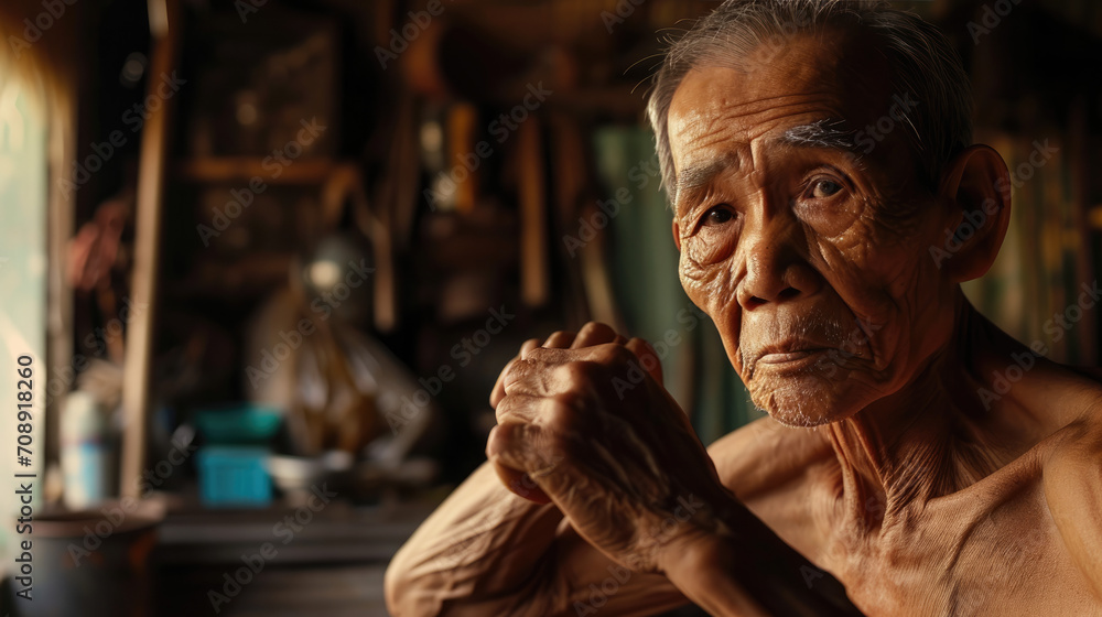 Elderly Thai Asian man in rural house