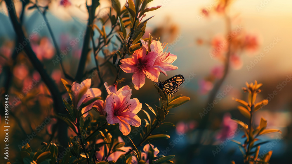 A blooming pink flower and butterfly, in the morning A blooming pink flower and butterfly, in the morning