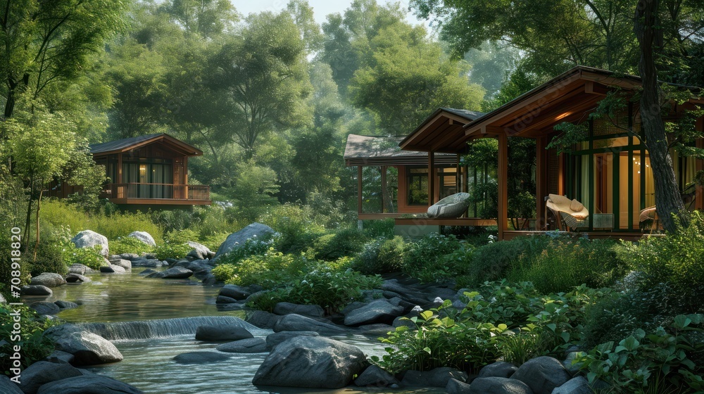 Fototapeta premium a stream running through a lush green forest next to a couple of small wooden cabins on the side of a lush green forest filled with lots of trees and rocks.