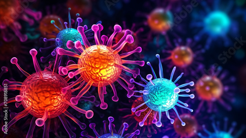 close up scientific vibrant neon glow microscopic colorful virus