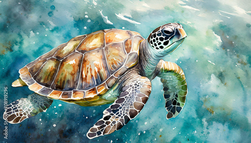 Top view of a stilazed sea turtle in the ocean, watercolor art style, copy space on a side