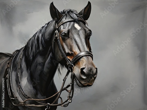 A black horse, drawn with watercolor paints, looks straight into the camera on a gray background. Pets concept
