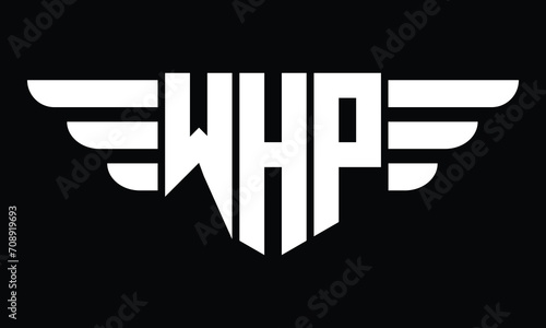 WHP three letter logo, creative wings shape logo design vector template. letter mark, word mark, monogram symbol on black & white.	 photo