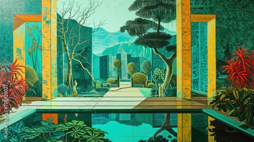  a painting of a landscape with trees, bushes, and a body of water in the middle of the painting is a landscape with trees, bushes, bushes, bushes, and a pond, and a.