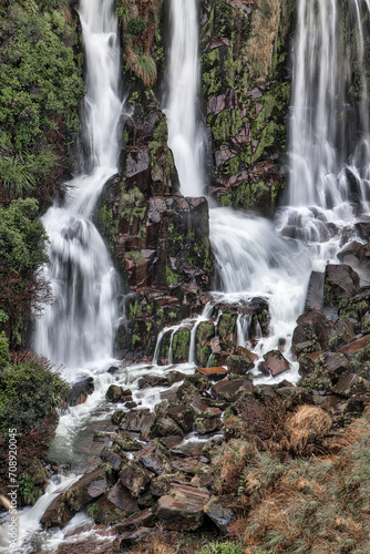 The base of the incredibly tall Waipunga falls that can b e viewed roadside in the forest between Taupo and Napier