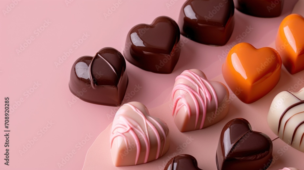 a group of heart shaped chocolates sitting on top of a pink and white plate on top of a pink and white table top next to each other heart shaped chocolates. a group of heart shaped chocolates sitting on top of a pink and white plate on top of a pink and white table top next to each other heart shaped chocolates.