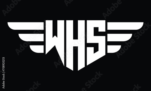 WHS three letter logo, creative wings shape logo design vector template. letter mark, word mark, monogram symbol on black & white.	