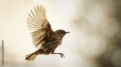  a small bird flying through the air with it's wings spread wide and spread out, with a blurry background of trees and branches in the foreground.