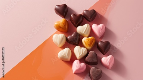  a pile of heart shaped chocolates sitting on top of a pink and orange striped table next to a pink and orange striped wall with an orange diagonal diagonal stripe.