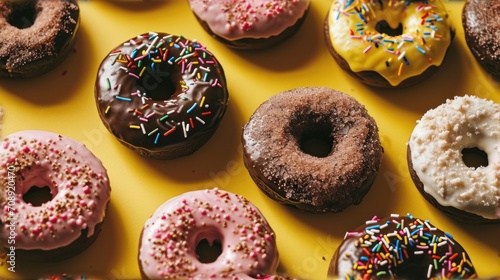  a bunch of doughnuts that are sitting on a yellow surface, with sprinkles on the top of the doughnuts and bottom of the doughnuts.