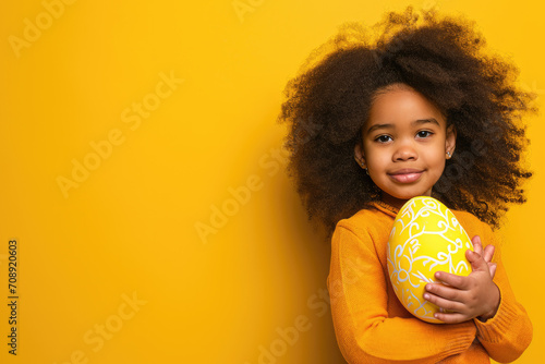 Smiling African American Girl with Easter Egg on Yellow Background Copy Space