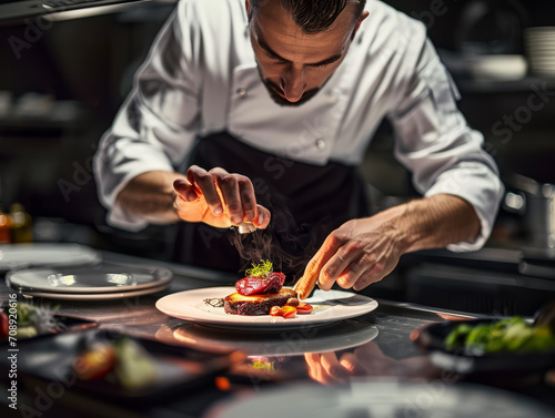 A professional chef meticulously garnishing a gourmet dish in a restaurant kitchen.