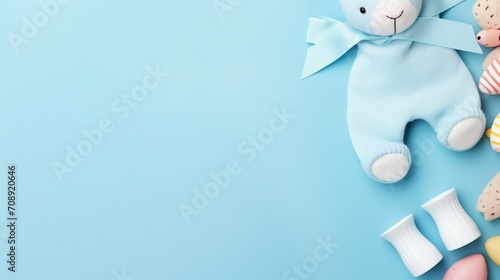 Charming Baby Boy Concept: Knitted Bunny, Blue Teether, and Playful Toys on Pastel Background - Precious Infant Essentials
