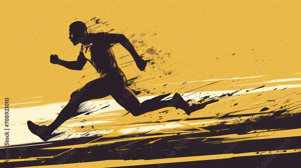  a silhouette of a man running on a yellow and black background with a splash of paint on the side of the image and the man running in the middle of the picture.