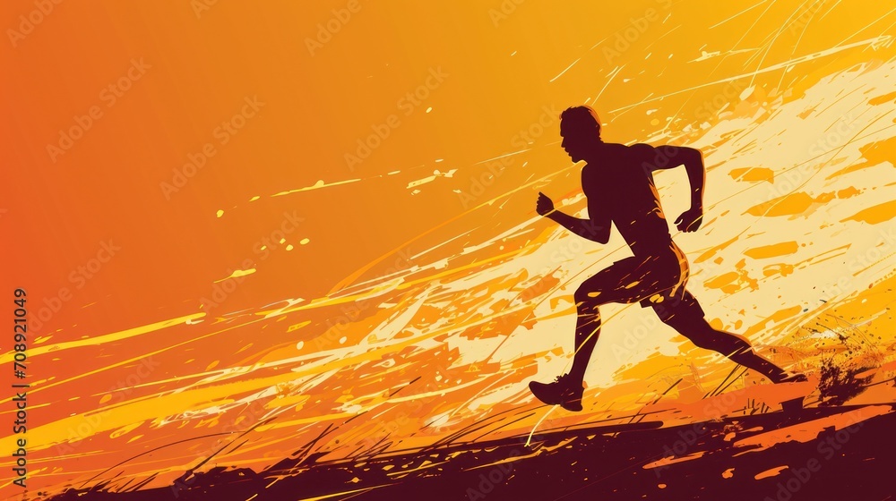  a silhouette of a man running across a field with an orange sky in the background and a splash of paint on the ground to the left side of the image.