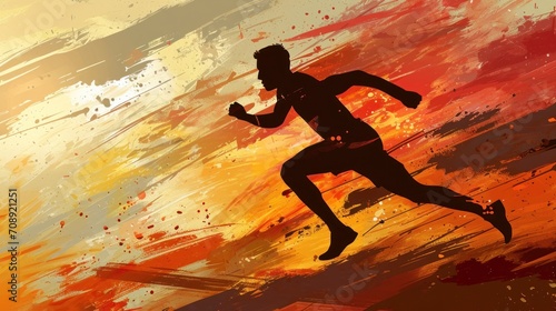  a silhouette of a man running in a race against an orange, yellow, and red background with a splash of paint on the side of the image of him.