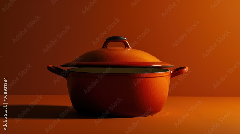 an orange covered casserole sitting on a table next to an orange wall and a black lid on the top of the casserole and the casserole. an orange covered casserole sitting on a table next to an orange wall and a black lid on the top of the casserole and the casserole.