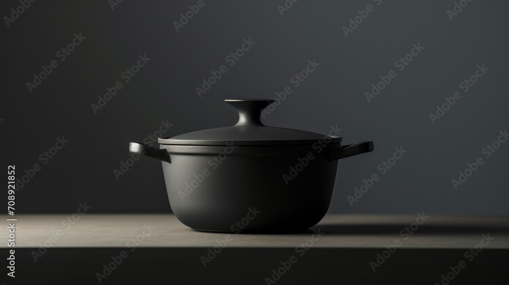a black pot sitting on top of a counter next to a black wall with a light coming from the top of it and a black lid on the top of the pot. a black pot sitting on top of a counter next to a black wall with a light coming from the top of it and a black lid on the top of the pot.
