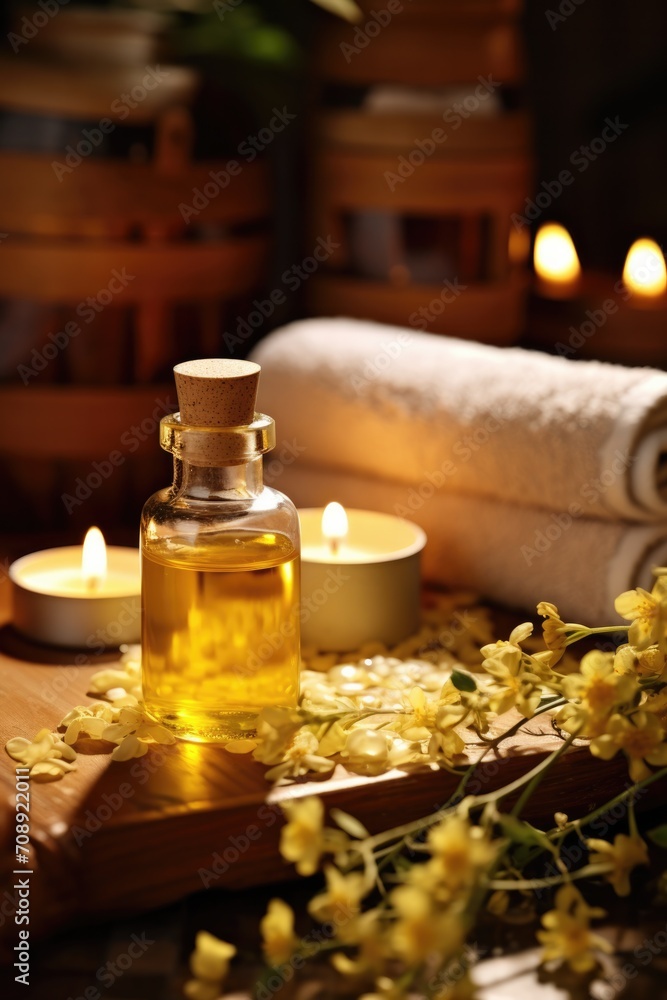 Spa or massage center table top objects - aroma oil in the bottle, candles, towels and decorative flowers. Spa or massage center table top objects - aroma oil in the bottle, candles, towels and decorative flowers.