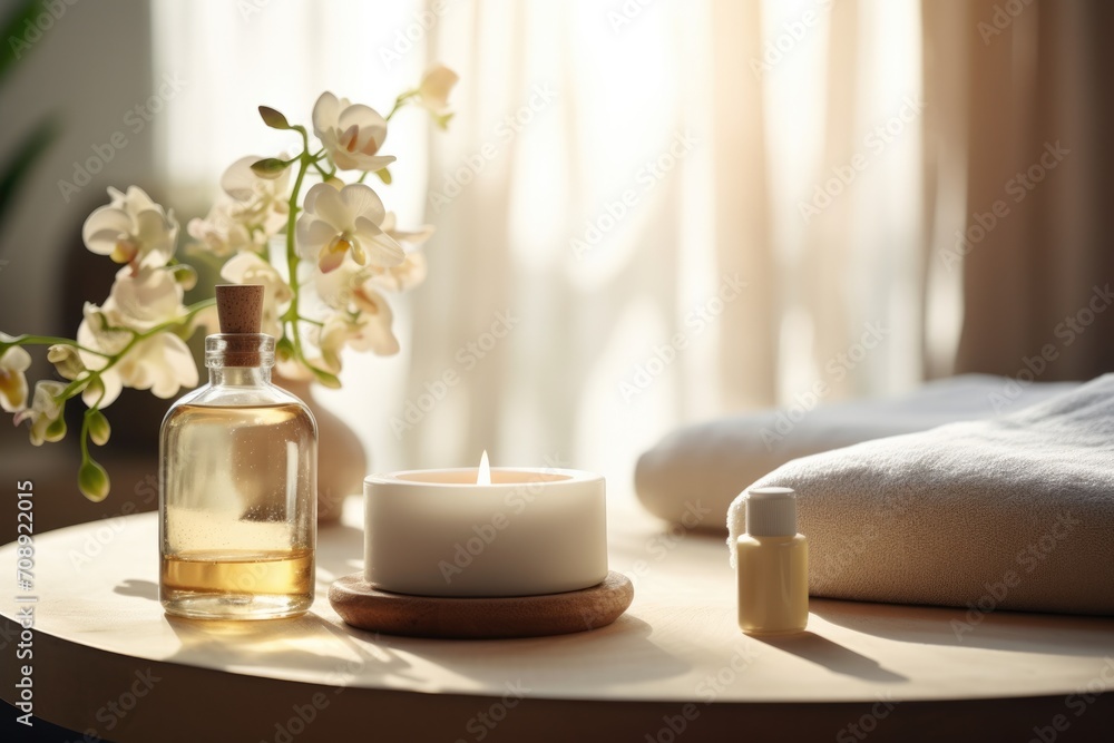 Spa or massage center table top objects - aroma oil in the bottle, candles, towels and decorative flowers.