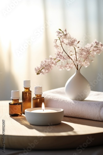 Spa or massage center table top objects - aroma oil in the bottle, candles, towels and decorative flowers.