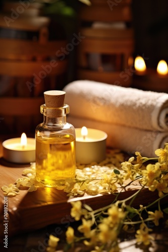 Spa or massage center table top objects - aroma oil in the bottle  candles  towels and decorative flowers.