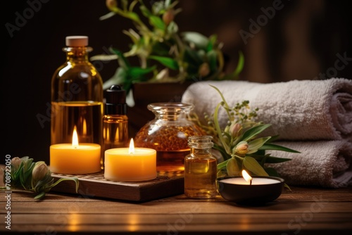 Spa or massage center table top objects - aroma oil in the bottle  candles  towels and decorative flowers.