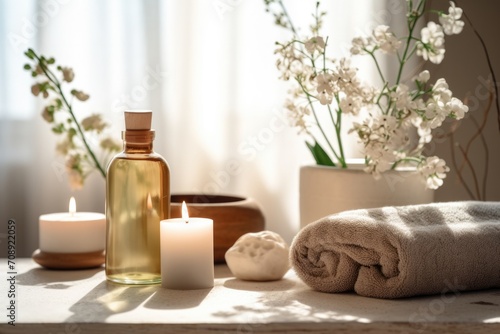 Spa or massage center table top objects - aroma oil in the bottle, candles, towels and decorative flowers.