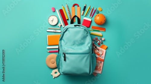 Blue Backpack Filled with Stationery - Overhead View on Turquoise Background - Microstock Contributor