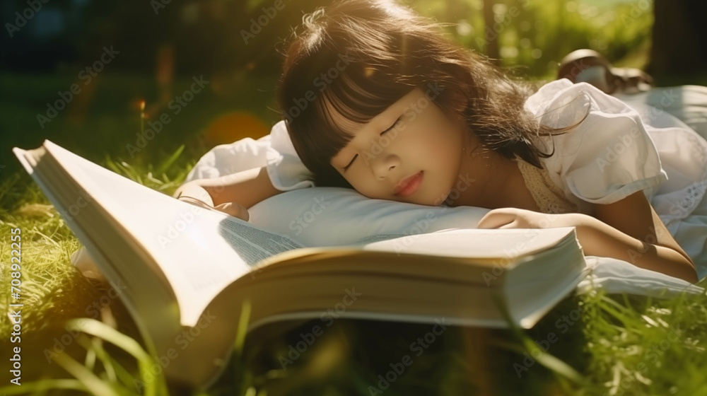 Obraz premium Asian girl reading a book on the lawn.