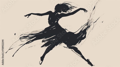 a black and white drawing of a woman in a dress with her arms spread out and a ball in the air in front of her, on a beige background.