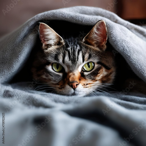 The cat looks out from under the blanket. © 0635925410