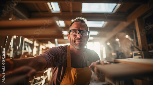 Caucasian carpenter looking at camera with confidence in factory.