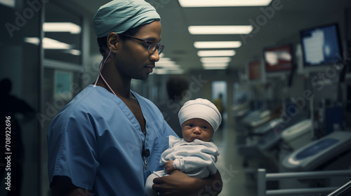 A male nurse is holding a baby in the hospital.