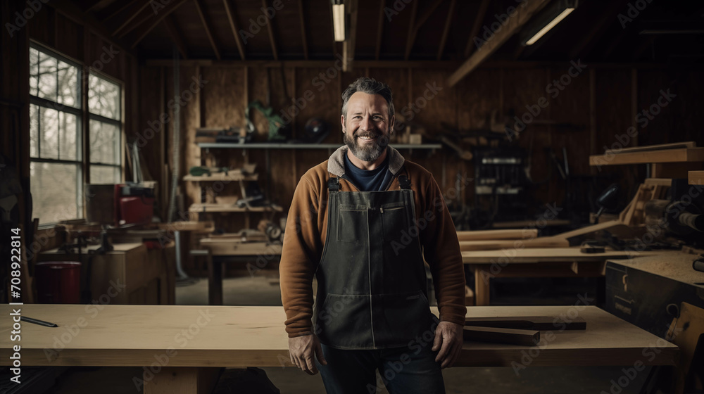 Caucasian carpenter looking at camera with confidence in factory. Caucasian carpenter looking at camera with confidence in factory.