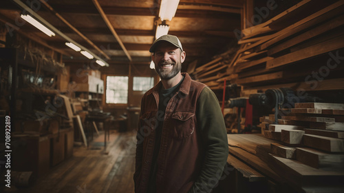 Caucasian carpenter looking at camera with confidence in factory.