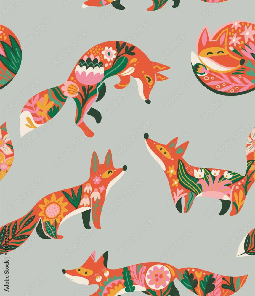 Obraz premium Seamless pattern with sweet red foxes and flowers in folk style 