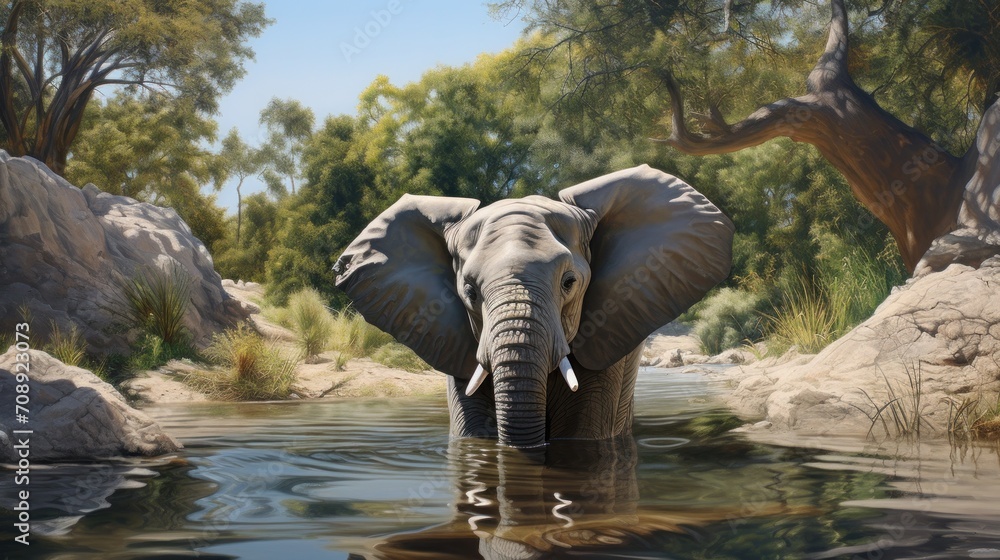 Fototapeta premium a painting of an elephant in a body of water with trees and bushes in the background and rocks in the foreground, and a body of water in the foreground.