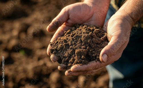 Farmer holding soil in hands close-up. photo