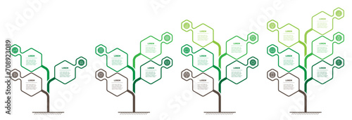 Set of infographics or timelines with 3, 4, 5 and 6 parts. Development and growth of the green technology and science in the world. Business presentation with steps or processes. Info graphic.