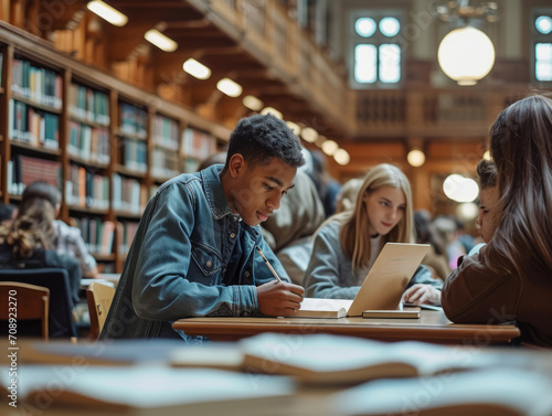 Wallpaper Mural Group of students studying together in library. Group of young people sitting at table and reading books. Torontodigital.ca
