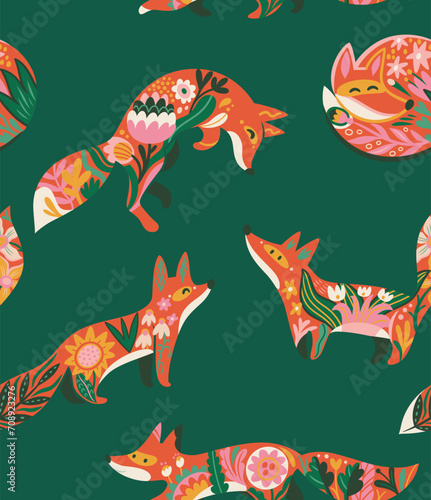 Seamless pattern with sweet red foxes and flowers in folk style 