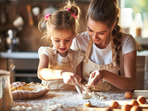 Cute little girl and her beautiful mother are cooking cakes in the kitchen.