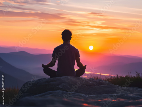 Man practicing yoga on the top of the mountain at sunset. Yoga concept.