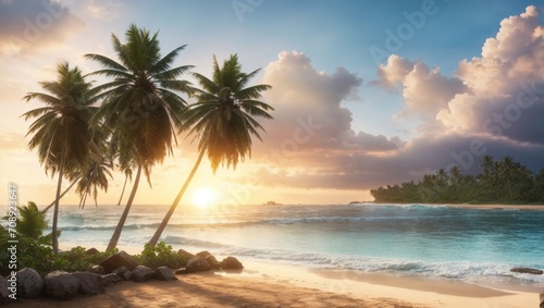 photo of sunrise view on the beach with white sand and beautiful coconut trees made by AI generative